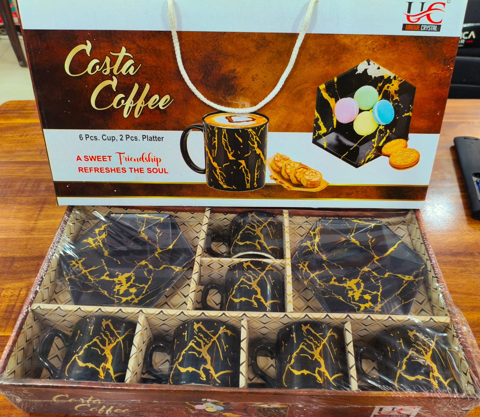 costa coffee ceramic mug & platter set – 8 pieces