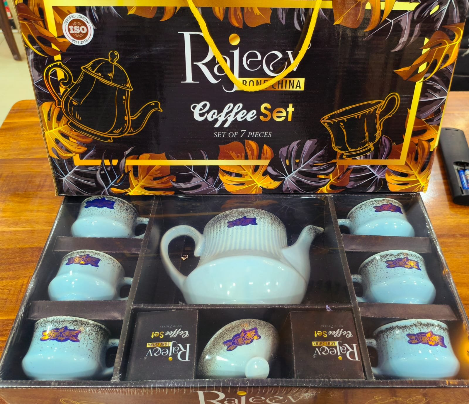 rajeev bone china coffee set (7 pcs. – light blue with black rim)