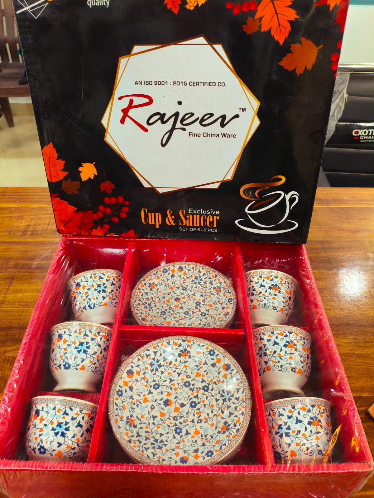 rajeev fine china cup & saucer set – 12 pieces (blue & orange floral)