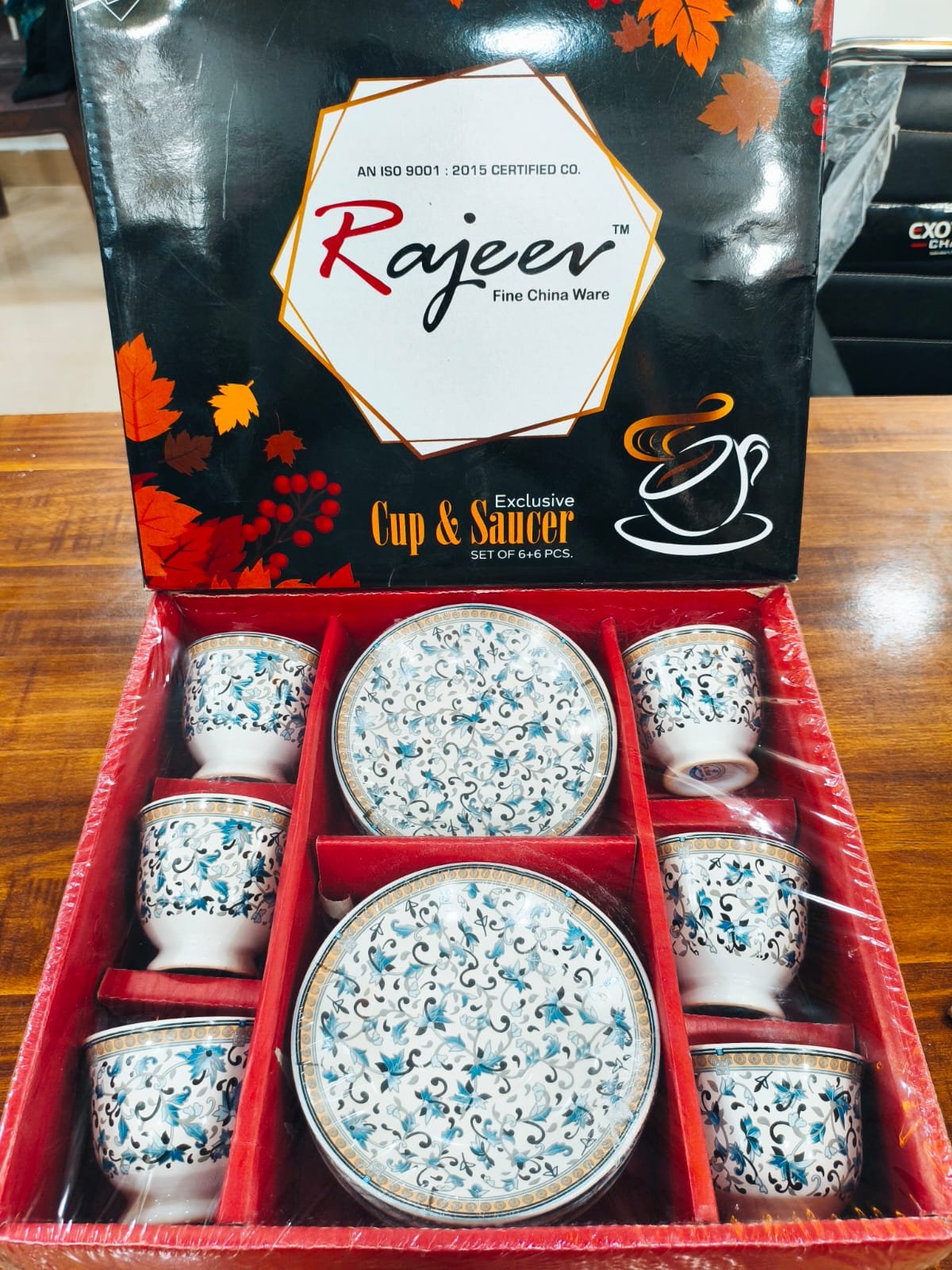 rajeev fine china cup & saucer set – 12 pieces (blue vine design)