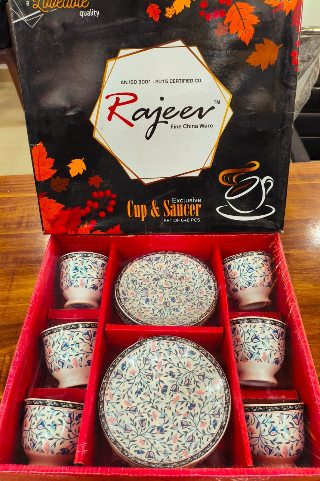 rajeev fine china cup & saucer set – 12 pieces (pink & blue leaf design)